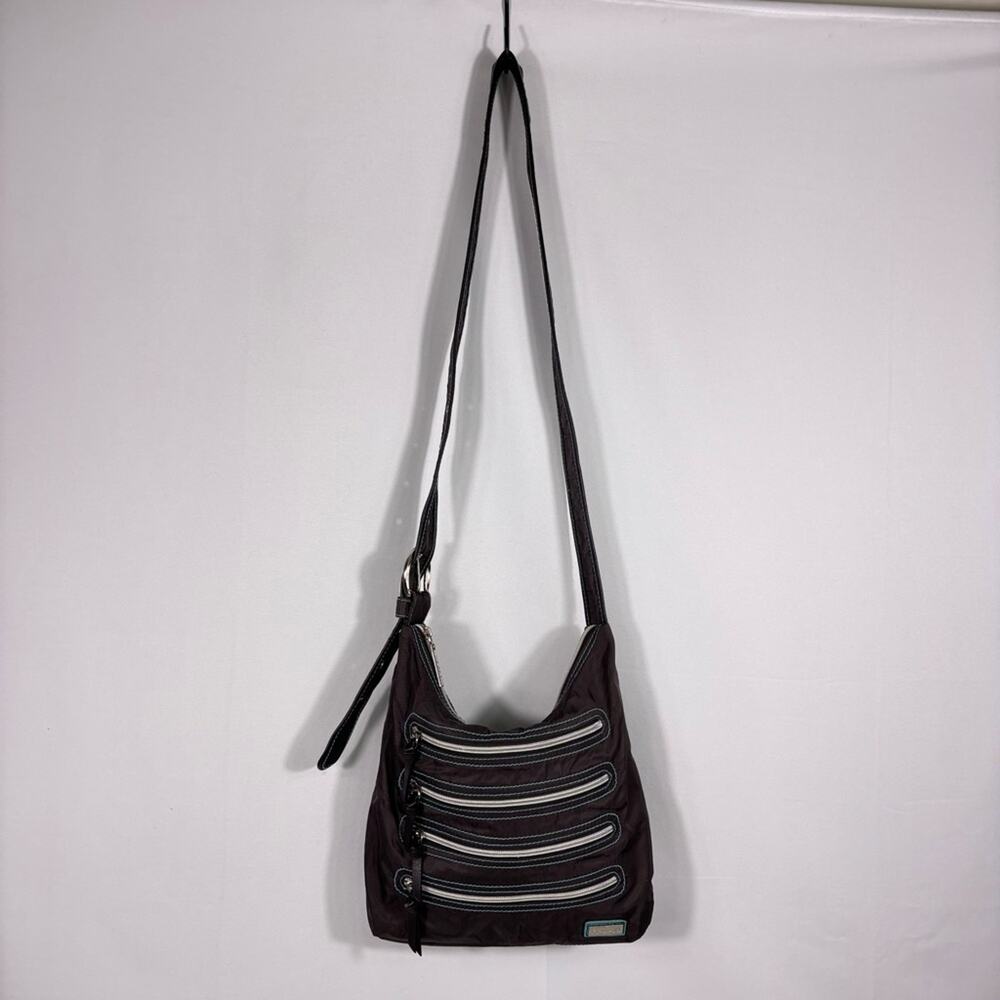 Hadaki Dark Brown and Teal 4 Zipper Crossbody Bag Bin4